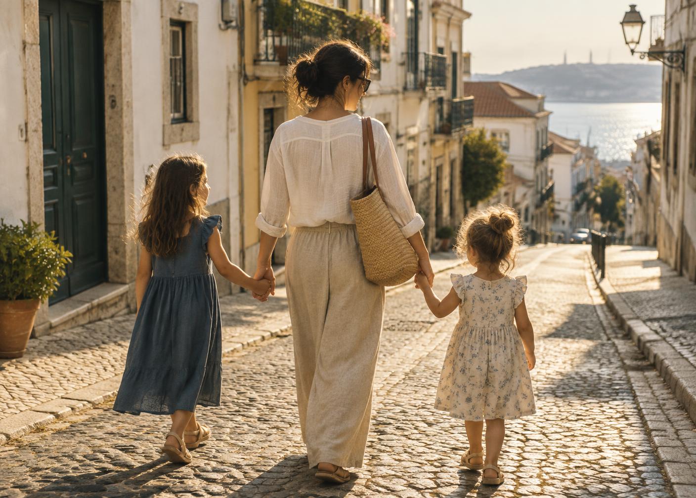 Família a caminhar numa rua portuguesa ao fim da tarde